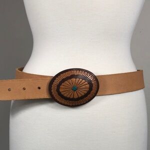 Vintage Tooled Painted Leather Buckle Raw Leather Strap Belt Western Cowgirl